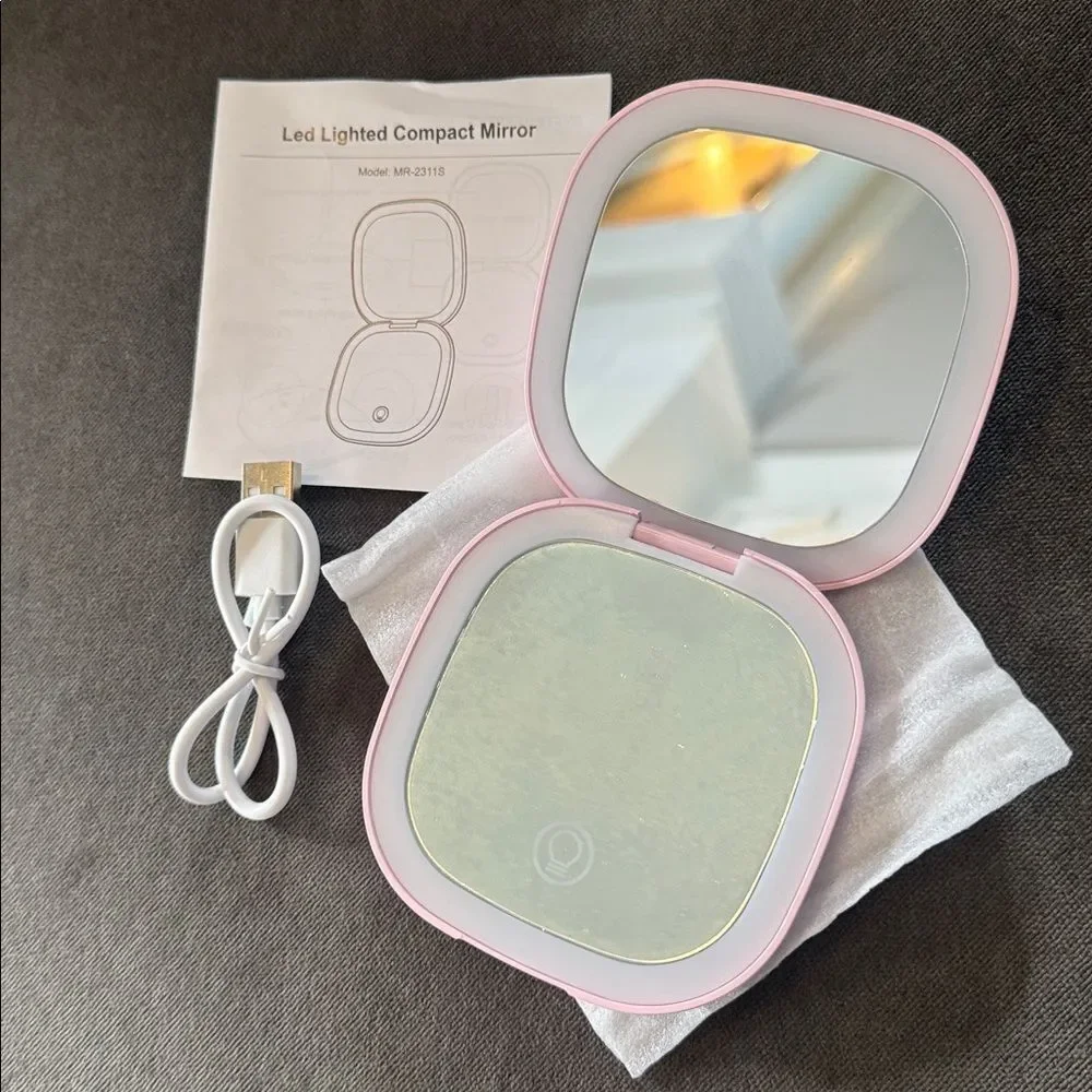Compact Pink Portable Lighted LED Makeup Mirror 1X/10X Magnification NEW